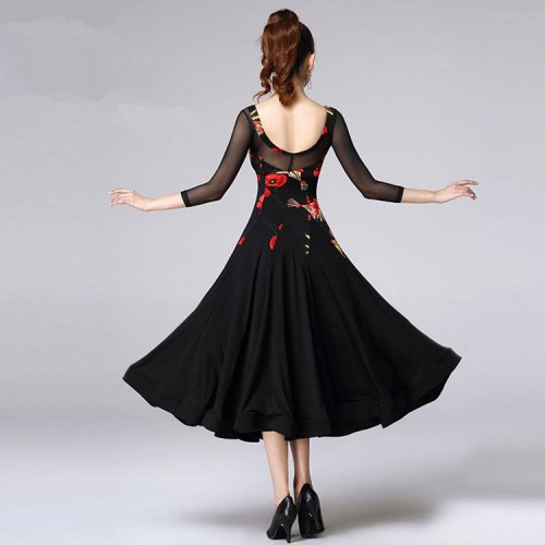 Black with Red flowers girls women's ballroom dancing dresses stage performance waltz tango ballroom dance dress